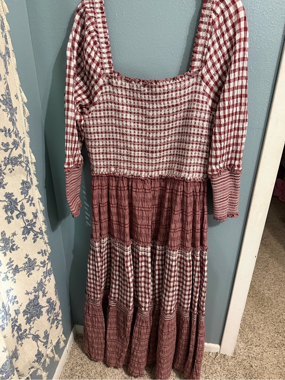 Women’s JESSAKAE Smocked Gingham Tiered Dress - Maroon/White